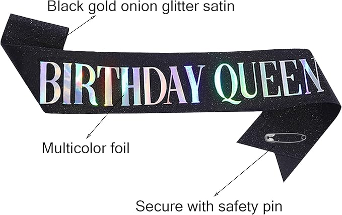 MGJSRNH 'Birthday Queen' Sash for Women,Black Glitter Satin Multicolour Foil Sash,Happy Birthday Princess Party Decorations 16, 18,21,30,40,50 or Any Other Bday Party