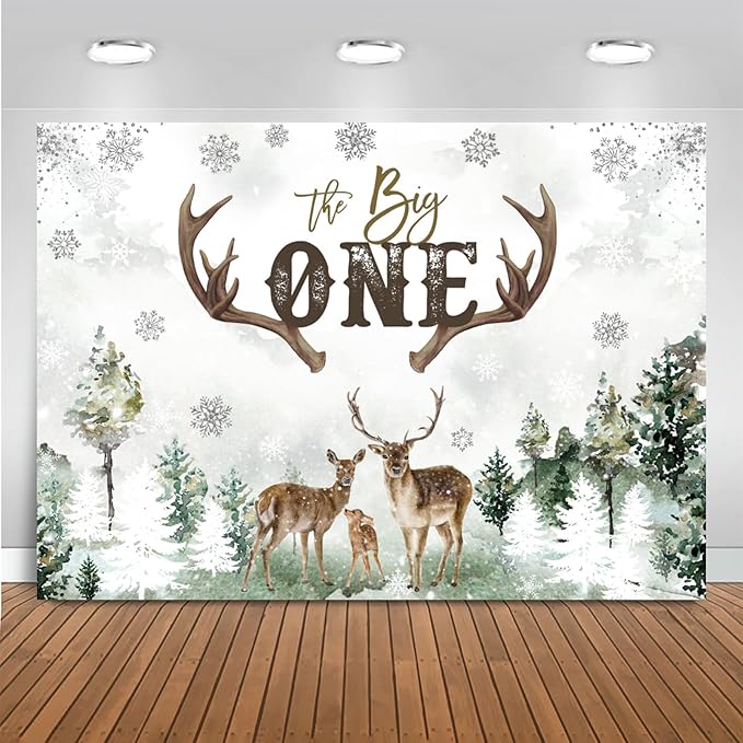 Mocsicka Deer 1st Birthday Backdrop Advenrture Winter Forest Deer Party Decoration The Big One Deer Antlers Rustic 1st Birthday Banner Bakground (Green, 8x6ft(96x72 inch))