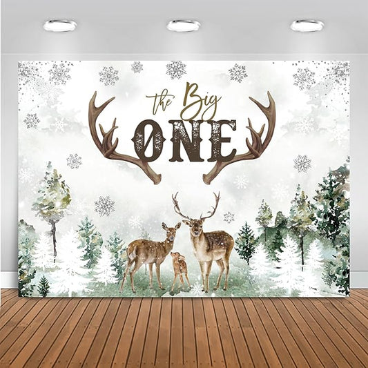 Mocsicka Deer 1st Birthday Backdrop Advenrture Winter Forest Deer Party Decoration The Big One Deer Antlers Rustic 1st Birthday Banner Bakground (Green, 8x6ft(96x72 inch))
