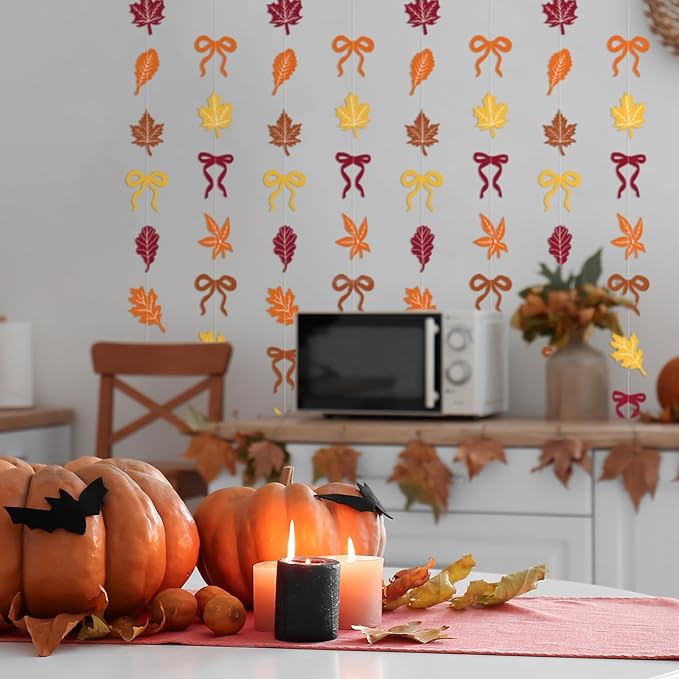 TaoBary 8 Pack Thanksgiving Fall Maple Leaves Garland Banner for Thanksgiving Mantle Decorations Autumn Home Farmhouse Decor Maple Leaf Bow Hanging Streamer for Wedding Birthday Party Supplies