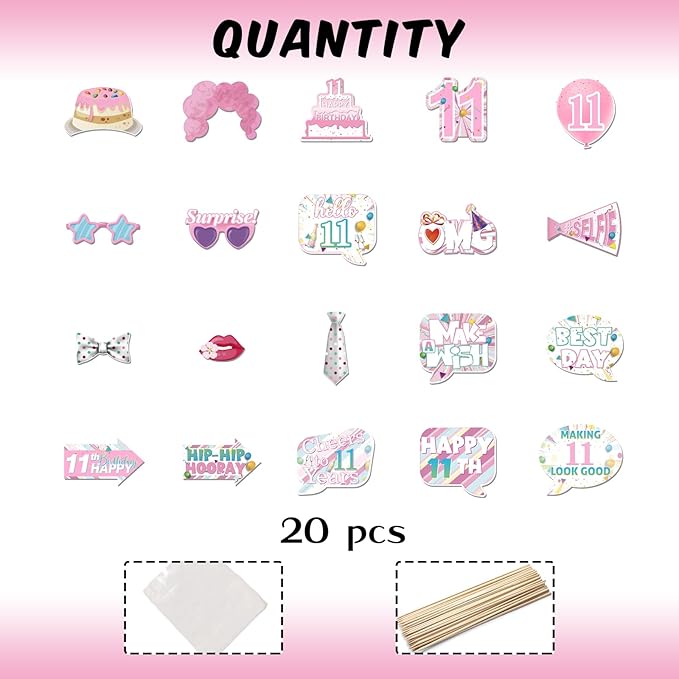 20 Pcs Girl 11th Birthday Photo Booth Props Kit, Pink Eleven Birthday Party Selfie Decorations, Girl Kid's 11th Bday Party Photography Supplies