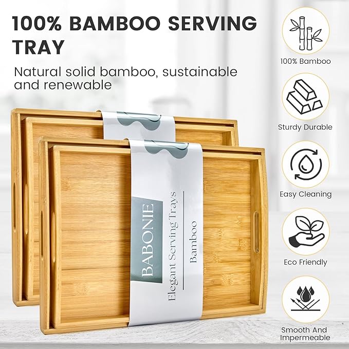 Bamboo Serving Tray with Handles Set of 4 - Decorative Wooden Trays for Eating, Working, and Storing, Suitable for Use in Bedroom, Living Room, Kitchen, Bathroom, Outdoor Scenarios and More