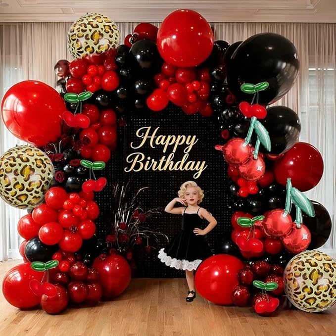 Red Black Balloon Arch Kit Double Stuffed Burgundy Black Maroon Balloon Garland Cherry Cheetah Print Balloons for Birthday Bridal Baby Shower Bachelorette Graduation Party Decorations