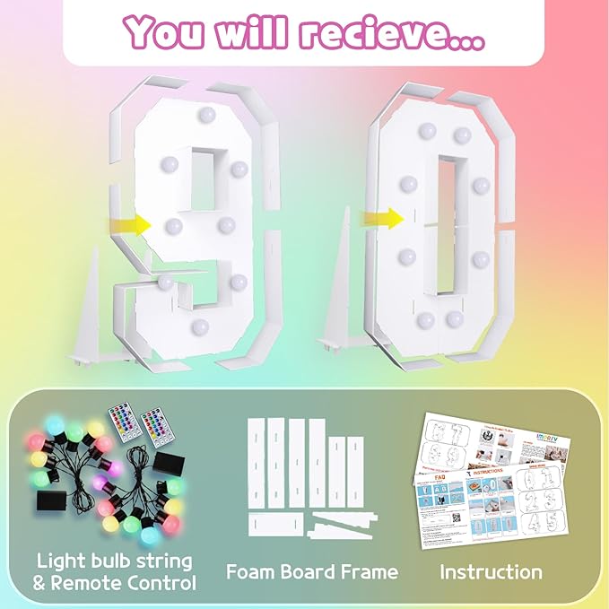 Marquee Numbers 90th Birthday Decoration: Colorful 3FT Large Light Up 90 Year Old Birthday Decorations Anniversary Backdrop Cardboard Sign 18 Colors Number 90 Mosaic Balloon Frame