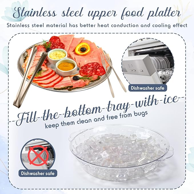 Baderke 2 Sets 11.8" Chilled Serving Tray for Parties Round Iced Platter with Ice Underneath Stainless Steel Clip Fruit Fork Shrimp Cocktail Serving Dish for Oysters Crawfish Fruits (Champagne Gold)