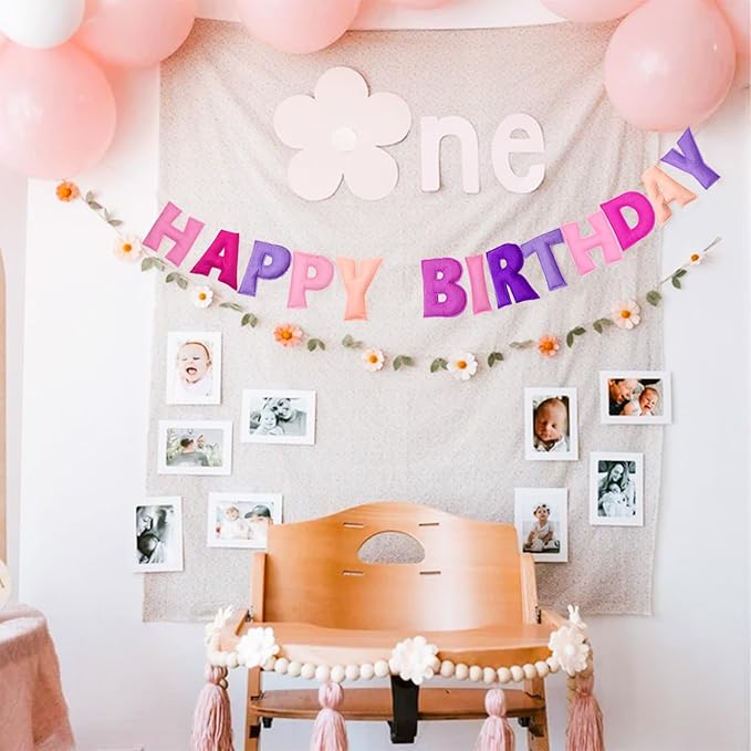 Pre-Strung Happy Birthday Banner - Felt Ball Garland - HAPPY BIRTHDAY Garland, Pink Birthday Decorations, Personalized Happy Birthday Sign for Birthday Decor, Party Decor, Photo Prop (Pink)