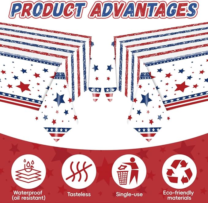 2Pcs Patriotic Tablecloths,4th of July Decorations,Red White Blue Star 54x108 inches Disposable Plastic Tablecloths for 4th of July Memorial Day Patriotic Theme Party Decoration
