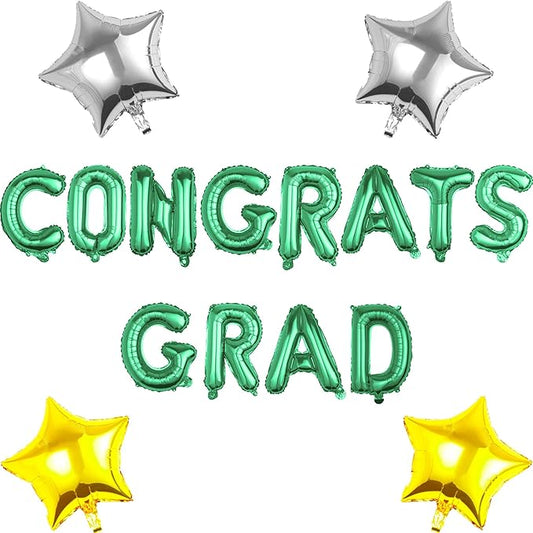 CONGRATS GRAD Green Balloon Gift Set - Perfect Graduation Gift - Complete 19-Piece Party Kit with 16” Letters + 18" Silver Gold Stars - Ready-to-Give Celebration Package 2026