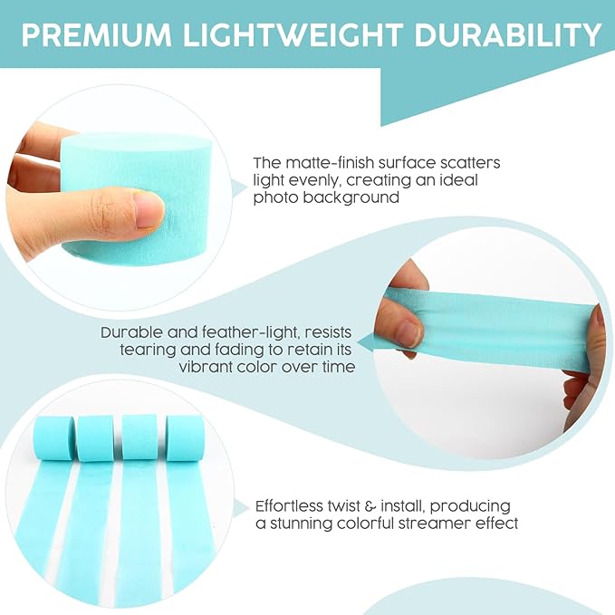 4 Rolls Crepe Paper Teal Streamers – Perfect for Streamers Party Decorations, Wedding, Birthday, Colored Decor, and DIY Craft Supplies(1.8 Inch x 82 Ft/Roll)
