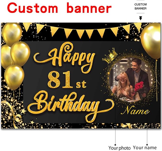 Custom Happy 81st Birthday Decorations Banner -81 Years Old Backdrop for Women Men Boys Girls - Personalization Party Supplies Black and Gold 4x6ft/5x7.5ft/6x9ft/7x10.5ft/8x12ft