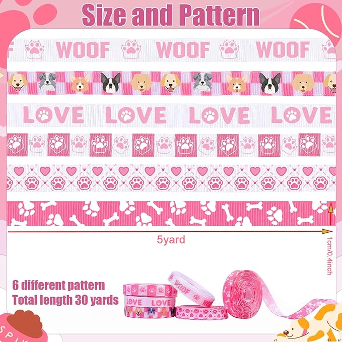6 Roll Dog Paw Print Ribbon, 3/8 Inch x 30 Yard Pink Checkered Ribbons, Pet Grooming Gift Wrap Grosgrain Ribbons, White Love Print Ribbon for Pet Lover Animal Cat Themed Party Favor Decor