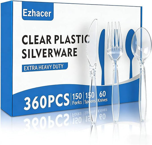 Plastic Silverware-360 Count Plastic Utensils Set, 150 Clear Forks, 60 Knives, 150 Spoons, BPA-Free, Heat Resistant, Disposable Cutlery Heavy Duty for Party Everyday Use