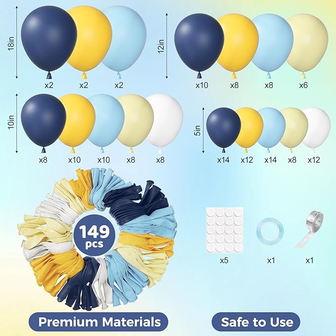 Ouddy Party 149Pcs Blue and Yellow Balloon Garland Kit Different Sizes 18 12 10 5Inch, 6Pcs 18” White Latex Balloons for Summer Tropical Lemon Baby Shower Bridal Shower Wedding Birthday Party Decor
