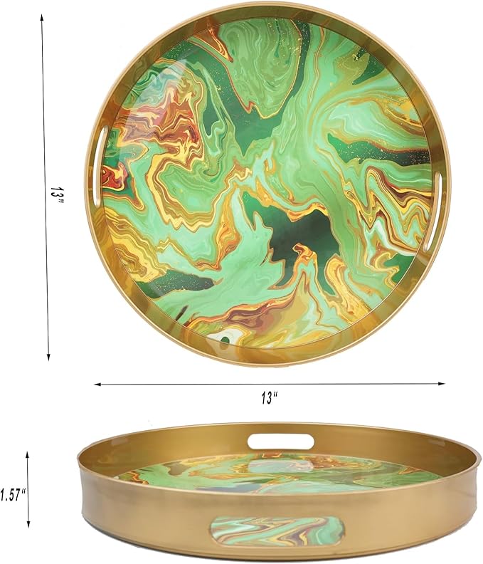 Round Green Marbling Decorative Tray with Handles, 13" Morden Plastic Serving Tray for Coffee Table Bathroom, Ottoman, Home Decor