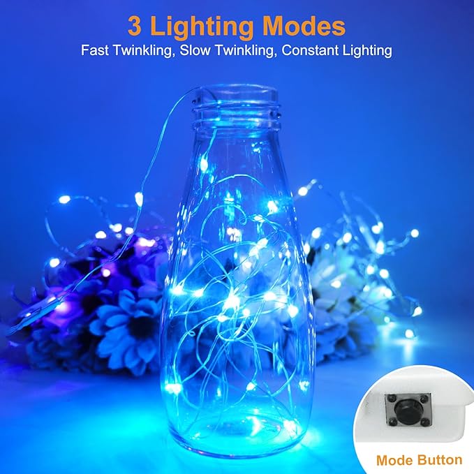 btfarm 30 Pack Fairy Lights Battery Operated [3 Modes], 7ft 20 Led Twinkle Lights String Lights Waterproof Bulk Small Mini Silver Wire for Mason Jars Vases Wedding Table Centerpiece, Blue