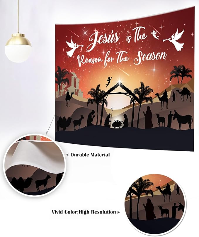 Mocsicka Christmas Nativity Backdrop - Large Merry Christmas Party Decorations Banner Xmas Jesus is The Reason for The Season Background Photo Booth (Red, 7x5ft(82"x60"))