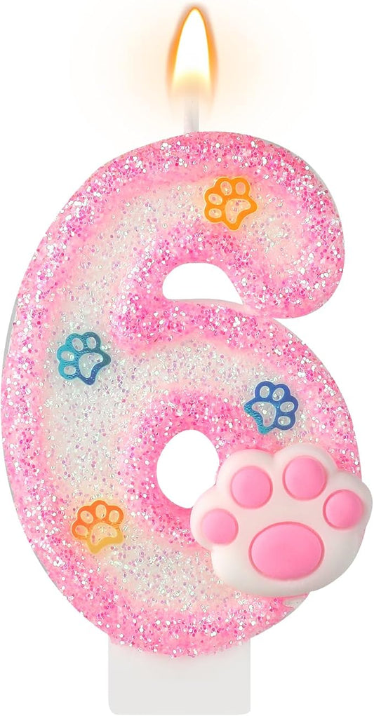 AKURIEEY Dog and Cat 6th Birthday Candle Pink Numbers 6 Candle Paw Cake Topper Cupcake Decorations for Pet Theme Party Decor Anniversary Celebrations Supplies