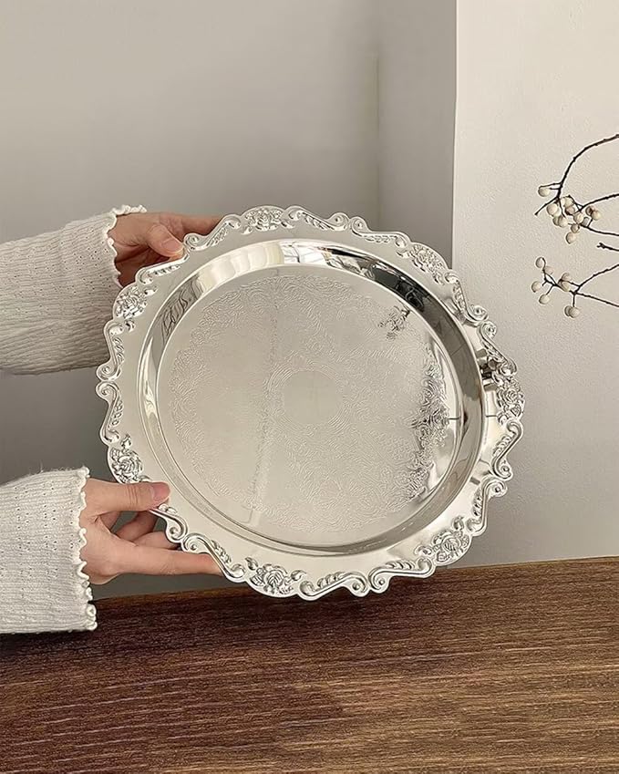 2PCS Coffee Table Tray 11.8in Round Decorative Tray Vintage Metal Dessert Plates for Snacks Fruit Silver