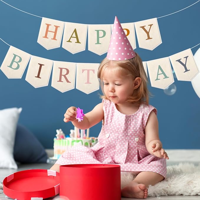 Doumeny Happy Birthday Felt Banner Boho Happy Birthday Hanging Banner Bohemian Birthday Felt Garland Flag Rainbow Birthday Bunting Garland for Party Baby Shower Home Fireplace Nursery Backdrop Decor