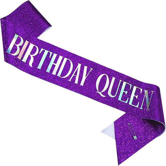 MGJSRNH Birthday Queen Sash,Purple Glitter Satin with Silver Iridescence Foil Sash for Women Girls,Party Decorations Supplies for Sweet 13, 18, 21,30,40,50 or Any Other Bday Party