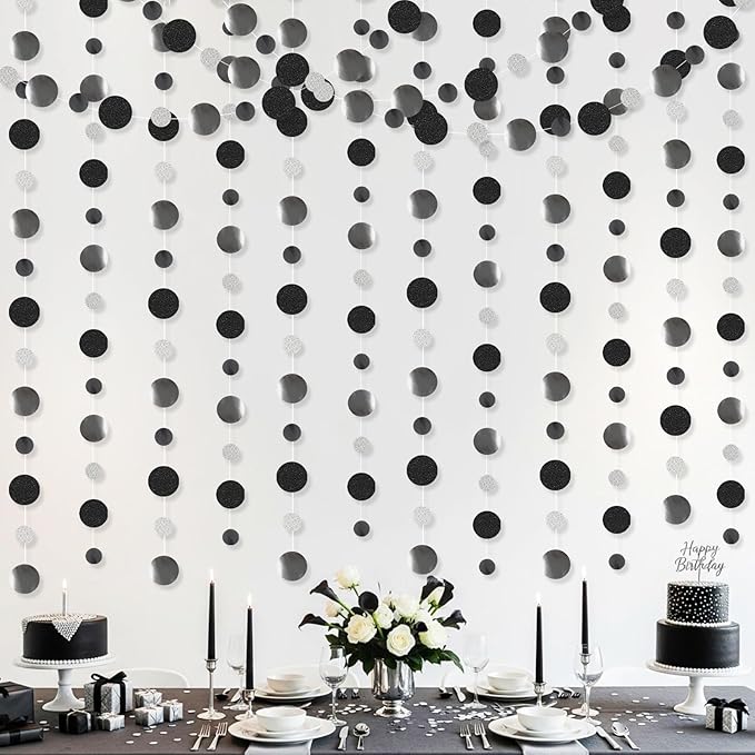 Outus 5 Pieces Black,Silver Round Dots Garland Graduation Party Hanging Decor Each Length 13.1ft Glitter Paper Dot Streamers for Birthday Wedding Classroom Supplies