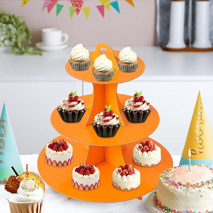 Soleebee 3-Tier Round Cupcake Stand, Cardboard Cupcake Tower, Dessert Cup Cake Stand Tower for Birthday Wedding Party Decoration, Cupcake Tier Stand 1 Set (Orange)