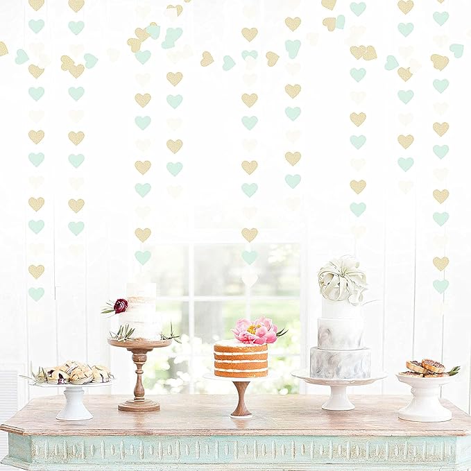 Sage-Green Gold Tea Party Decorations Heart Garland - 52Ft Garden Forest Baby Bridal Shower Birthday Mint Hanging Streamers Banner Decor,Wedding Bachelorette Engagement Graduation Backdrop Huglony