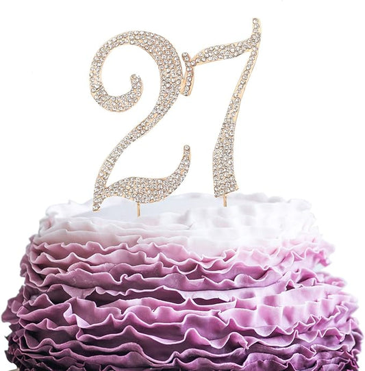 LINGPAR 27 Years Birthday Cake Topper - New Best Crystal Rhinestone 27th Wedding Anniversary Or 27 Years Old Cake Topper Party Decoration Gold