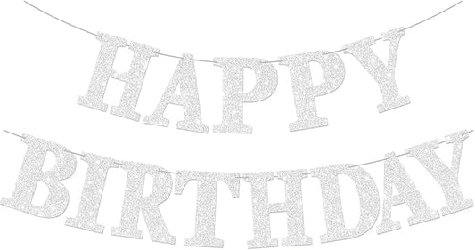 Glitter Happy Birthday Banner Sign Birthday Garland Wall Door Banners Flag for Women Men Boys Girls Party Backdrop Hanging Decorations Personalized Name Banners, Large Letters Silver