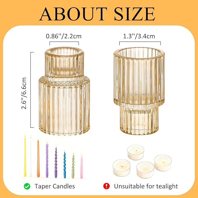 Amber Glass Taper Candle Holders Set of 12, Small Tapered Candlestick Holders in Bulk, Modern Short Candle Sticks for Dining Table Centerpiece Wedding Christmas Party & Holiday Decorations