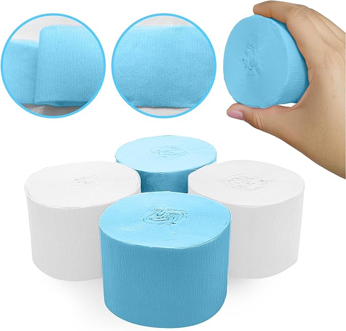 4 Crepe Paper Streamers Rolls, 328ft Pack of Blue and White Crepe Paper for Boys Birthday Bachelorette Party Bridal Baby Shower Winter Holiday Party Decorations Supplies (1.8 inch x 82 ft/Roll)
