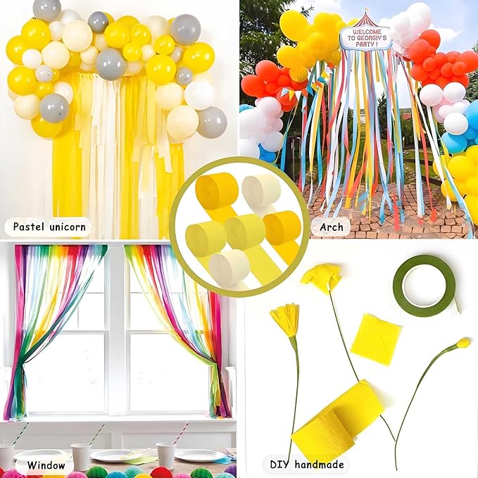 Yellow Crepe Paper 6 Pcs Streamers for Party Decorations, Birthday Wedding DIY Crafts, Gift Wrapping Supplies