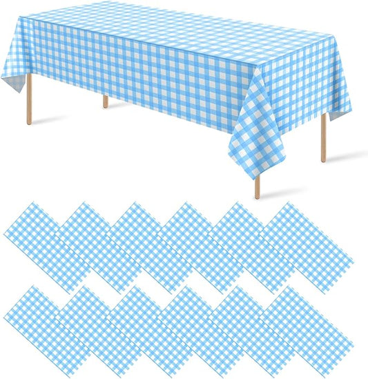 12Pack Light Blue and White Plastic Checkered Tablecloth, Premium Decorative Disposable Light Blue Gingham Plaid Tablecloth for Party, Rectangle Party Table Cover for Picnic Farm Birthday, 54x108 Inch