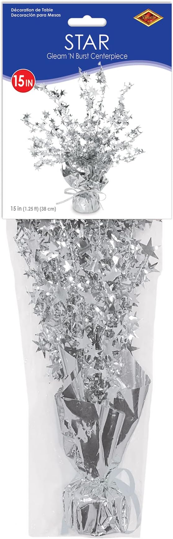 Beistle Star Gleam ‘N Burst Centerpiece, Silver Metallic Table Display for Weddings, New Year’s Celebrations, Birthday Parties, and Elegant Themed Events, 15”