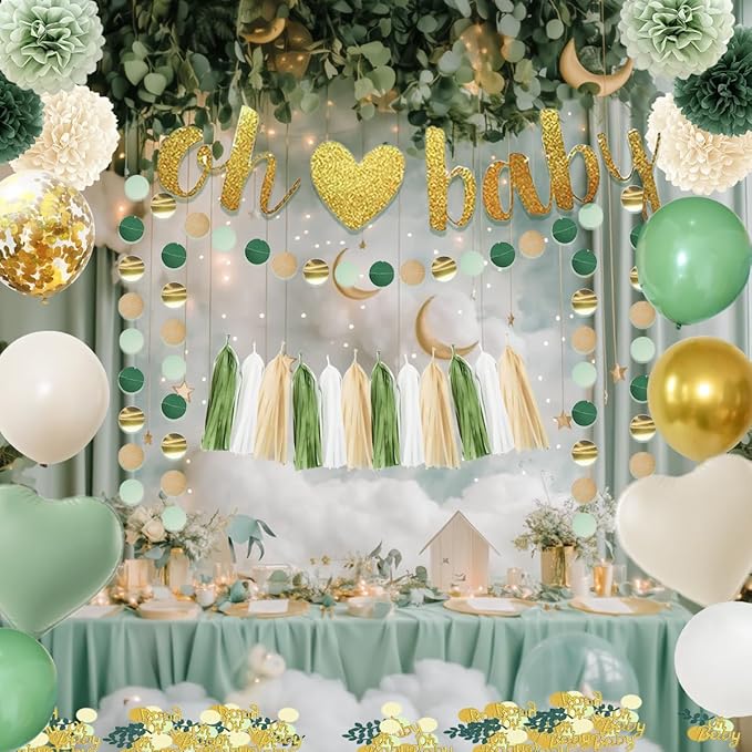 Baby Shower Decoration, Sage Green Gender Neutral Baby Shower Party Decorations with Balloons, Oh Baby Banner, Pom Poms, Cake Topper, Confetti, Mom To Be Shoulder Sash for Boy Girl Baby Showers Decor
