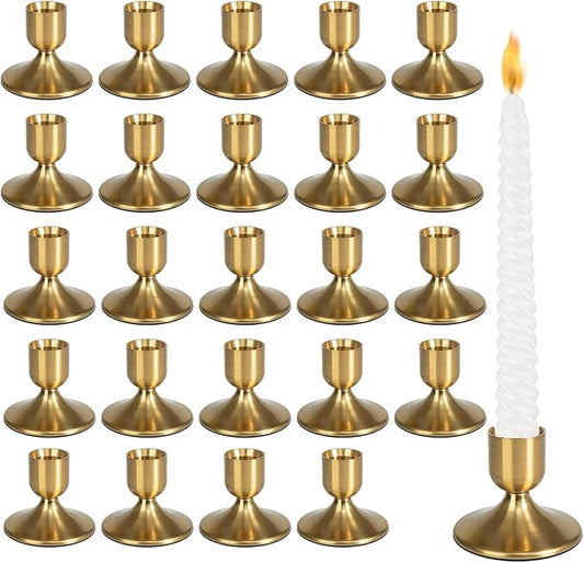 24Pcs Gold Candle Holders Metal Taper Candlesticks Holders Short Skinny Brass Candlestick Holders Candlestick Holders Bulk for Wedding Thanksgiving Centerpieces Christmas Birthday Party Holiday (24)