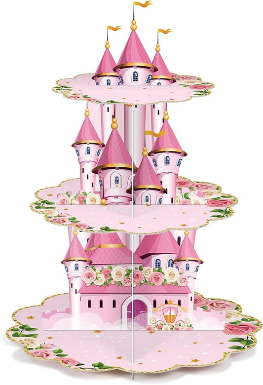 Zopeal 3 Tier Princess Birthday Cupcake Stand Party Decorations Floral Princess Cupcake Holder Pink Castle Crown Carriage Dessert Tower for Girls Birthday Theme Baby Shower Party Supplies