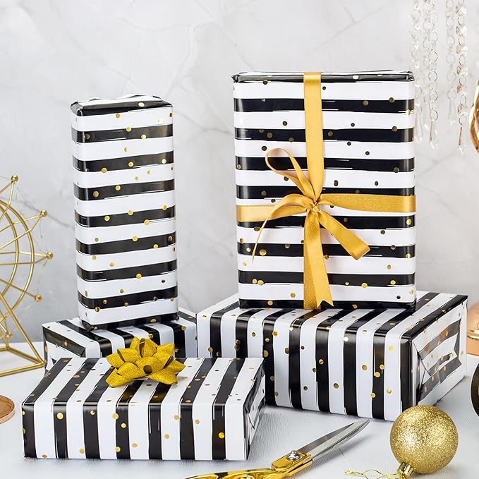 MAYPLUSS Stripe Wrapping Paper, Black and White Striped Wrapping Paper, Chic Black & White Stripes with Gold Speckles Birthday Gift Wrap for Father's Day, Graduations, Christmas (17 Inch X 33 Feet)