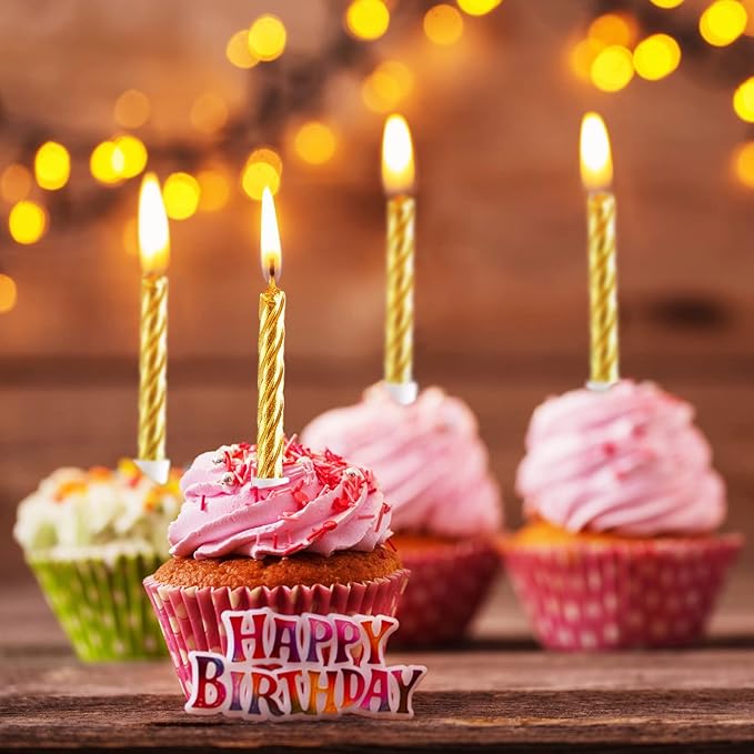 Blulu 100 Pcs Gold Spiral Birthday Candles Metallic Cake Cupcake Candles for Birthday Wedding Party Decorations