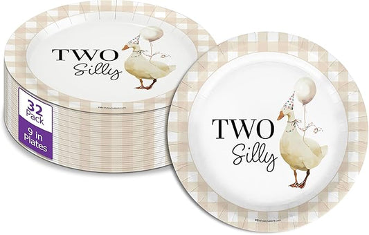 Two Silly Goose Second Birthday - 32 Piece Disposable Party Supplies - Decorations for Gingham 2nd Birthday Round Party Plates - Large 9" Paper Plates In Bulk