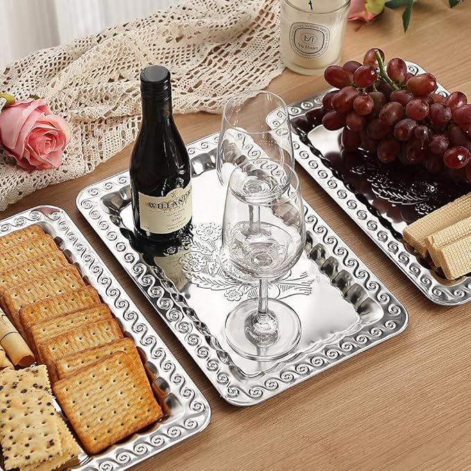 4-Pack Small Silver Serving Trays Set - ZENOVLUX Swirl Floral Engraved Mirror Decorative Tray, 11.4" x 7" Wedding Party Platters for BBQ, Food, Appetizer, Charcuterie, Cookies, Desserts