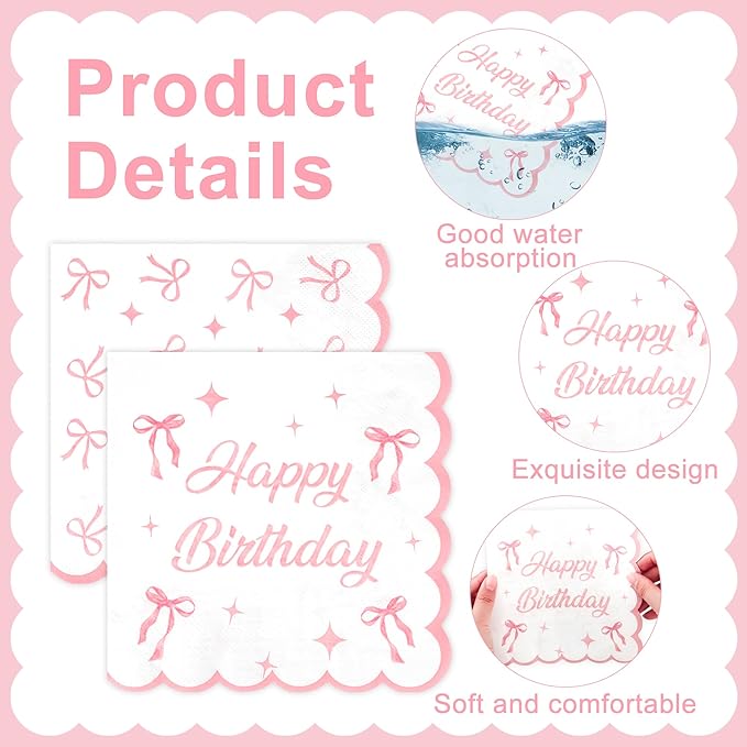 100PCS Pink Bow Party Plates and Napkins Pink Bow Birthday Tableware Set Coquette Birthday Party Supplies Serve 50 Guests for Women Birthdays Girl Bachelorette Coquette Tableware Supplies