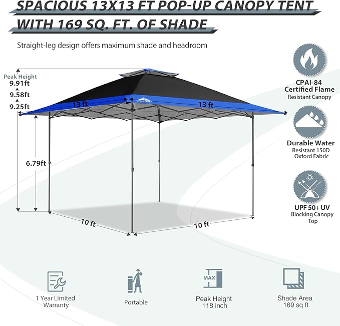 EAGLE PEAK 13x13 Straight Leg Pop Up Canopy Tent Instant Outdoor Canopy Easy Single Person Set up Folding Shelter w/Auto Extending Eaves 169 Square Feet of Shade (Black/Blue)