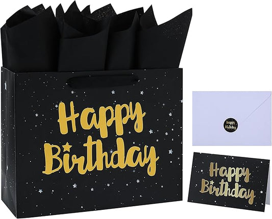 13" Large Black Gift Bag Set with Greeting Card and Tissue Papers (Stars and Gold Foil ‘Happy Birthday’) for Men's or Women's Party, Boys', Girls' or Kids' Birthday Parties, Baby Boy or Girl, 13”x5.2”x10.2”, 1 Pcs.