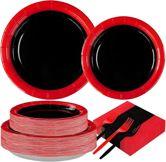 200 Pcs Red and Black Birthday Party Supplies Black and Red Graduation Plates and Napkins Tableware Set Graduation Party Decorations 2026 for Mens Birthday Carnival Fiesta Party Decorations Serves 50
