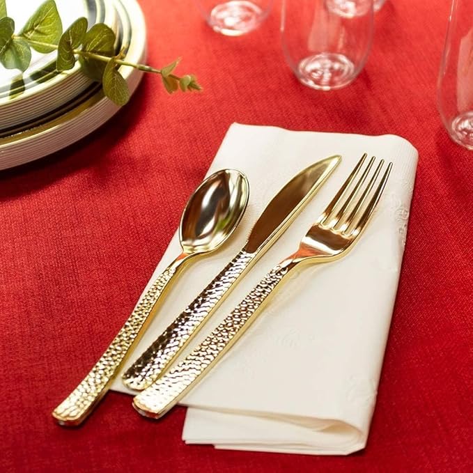 960 Piece Gold Plastic Silverware, Extra Heavyweight Disposable Cutlery Set, Full Size Gold Pebbled Flatware Combo, 480 Forks 240 Spoons 240 Knives, Bulk Party & Wedding Utensils