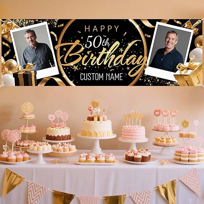 Dicodes Personalized Happy Birthday Banner with Name Custom Photos Birthday Photography Background Decorations Party Supplies for Women Men (Black and Gold-2 Photo)