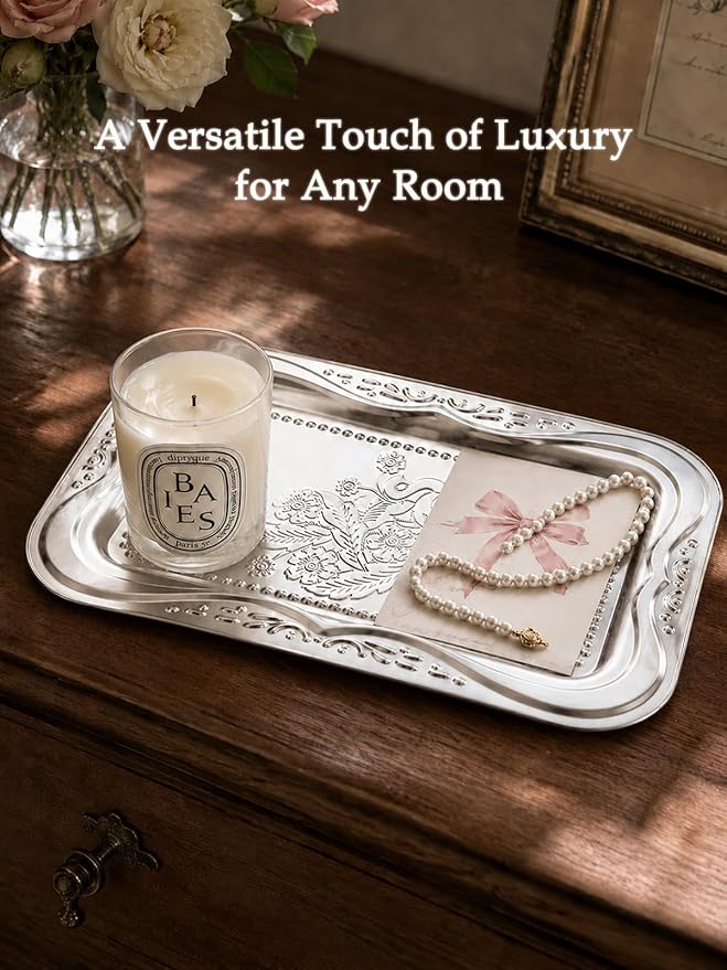 4-Pack Small Silver Serving Trays Set - ZENOVLUX Lightweight Bow Floral Engraved Mirror Decorative Tray, 11.4" x 7" Wedding Party Platters for BBQ, Food, Appetizer, Charcuterie, Cookies, Desserts