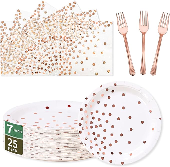 Rose Gold Paper Plates and Napkins Tableware Set-25 x 7''Dessert Plates & 25 x 6.5''Napkins & 25 x 7.3'' Forks,Rose Party Supplies for Birthday,Wedding,Bridal Showers,Anniversary(Serve 25)