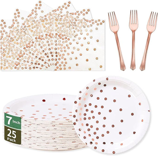 Rose Gold Paper Plates and Napkins Tableware Set-25 x 7''Dessert Plates & 25 x 6.5''Napkins & 25 x 7.3'' Forks,Rose Party Supplies for Birthday,Wedding,Bridal Showers,Anniversary(Serve 25)